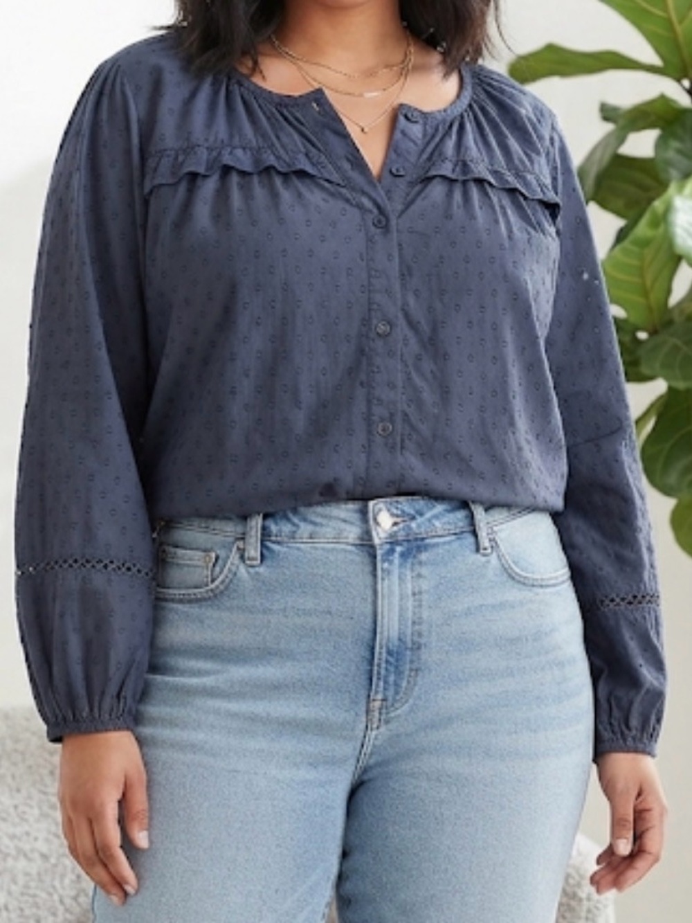 Boho-Chic Charm: Lane Bryant Dark Blue Eyelet Button-Front Peasant Top size 14